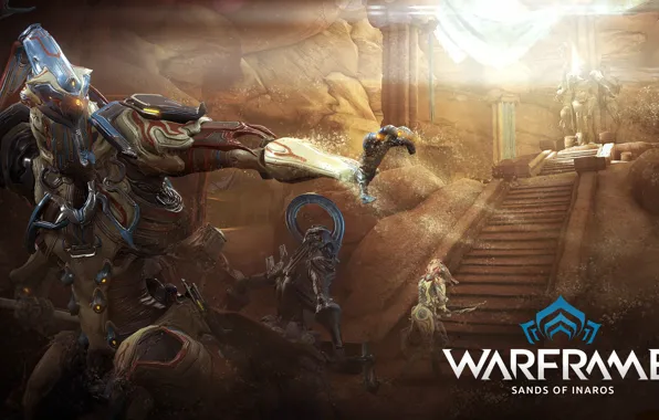Picture sand, ladder, creatures, soldiers, cyborgs, characters, tomb, Warframe