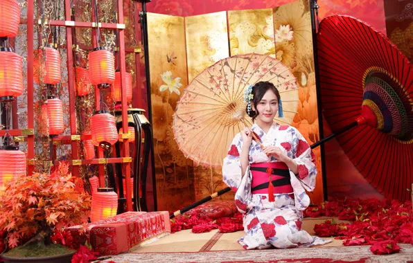 Picture umbrella, kimono, Asian