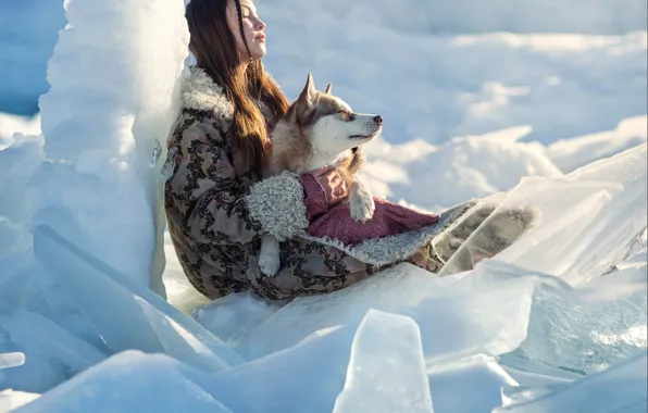 Picture winter, girl, dog, ice, friends, husky, closed eyes, hummocks, Elena Shumilova