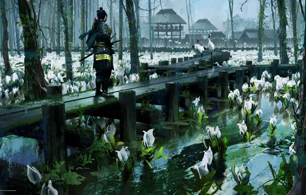 Picture pond, armor, samurai, water lilies, bridges, cranes, cloudy day, Ghost of Tsushima, The Ghost Of …