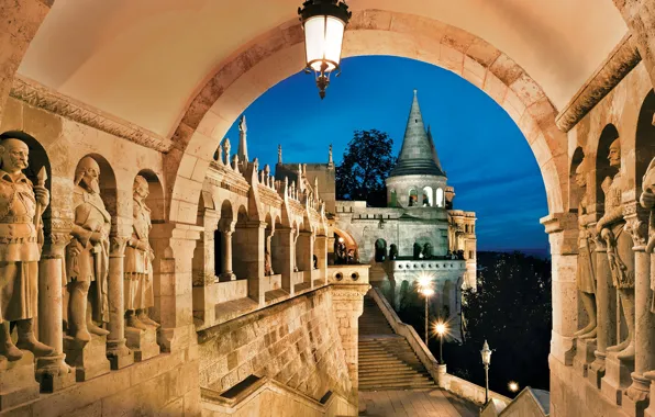 Picture the city, castle, the evening, sculpture, Budapest, Fisherman's Bastion