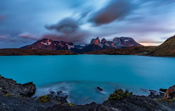 Picture the sky, clouds, mountains, lake, stones, blue, shore, tops, pond, Andes, Patagonia