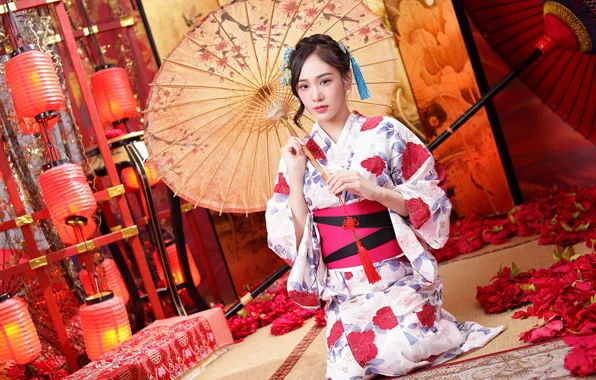 Picture look, flowers, umbrella, kimono, lanterns, brown eyes, umbrella, flowers, brown eyes, look, kimono, japanese girl, …