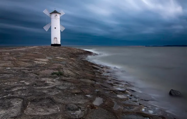 Picture sea, shore, lighthouse, windmill