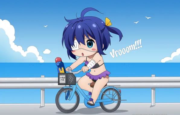 Picture sea, swimsuit, bike, vacation, promenade, blue hair, eye patch, the actual