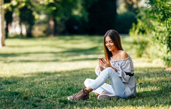 Picture summer, grass, girl, the sun, nature, pose, smile, photo, model, jeans, phone, Milenko Dilas
