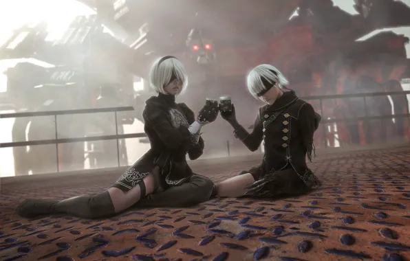 Picture girl, glasses, guy, cyborgs, cosplay, Nier Automata