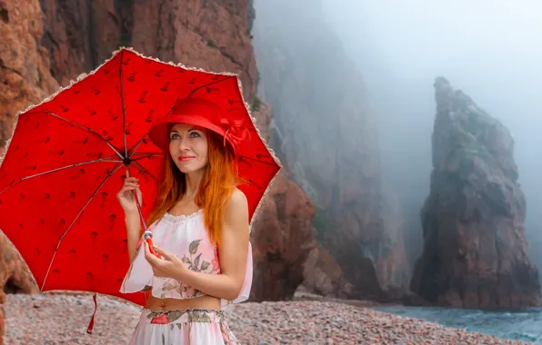 Picture sea, girl, fog, rocks, shore, umbrella, makeup, red, Юрий Ященко
