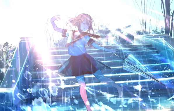 Picture girl, umbrella, after the rain, schoolgirl, the sun's rays, dancing, by Goroku