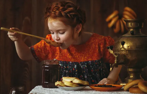 Picture table, dress, plate, spoon, girl, Bank, braid, red, samovar, bagels, jam, sweet tooth, pancakes, teen
