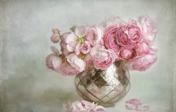 Picture flowers, background, bouquet, petals, art, vase, pink, painting, buds, peonies, brilliant