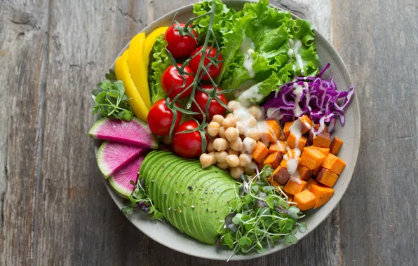 Picture greens, pumpkin, pepper, vegetables, tomatoes, sauce, cabbage, tomatoes, avocado, radishes, chickpeas