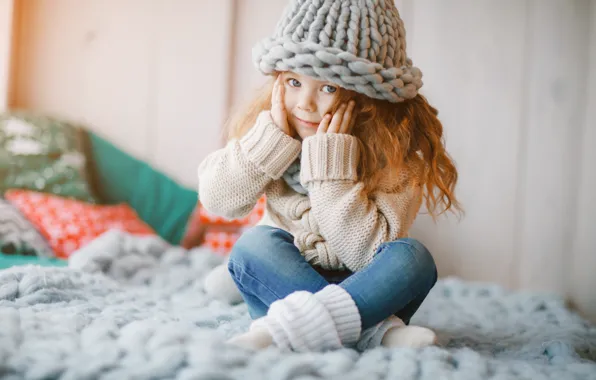 Picture hat, jeans, scarf, girl, happy, cute, little girl
