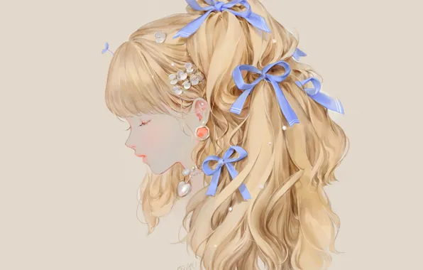 Picture bows, grey background, closed eyes, hair ornaments, in profile, curly hair, portrait of a girl, …