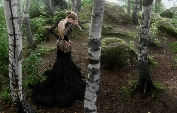Picture BLONDE, FOREST, NATURE, STONES, DRESS, MOSS