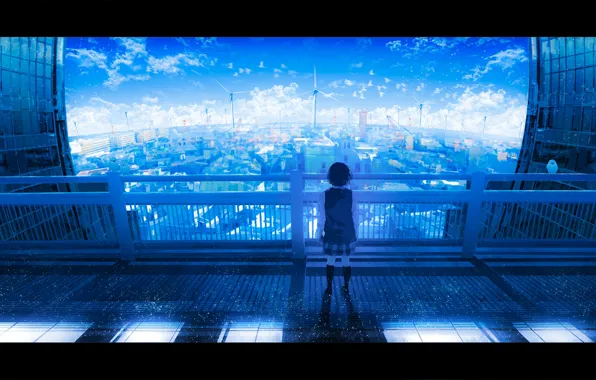 Picture roof, the sky, girl, the city, schoolgirl