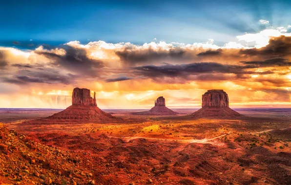 Picture the sky, the sun, clouds, stones, rocks, dawn, desert, horizon, space, AZ, USA, Arizona, Monument …