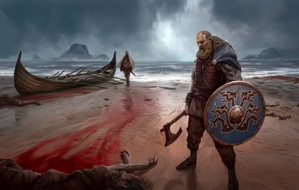 Picture Sea, Boat, Shield, Viking, Nordic battle axe