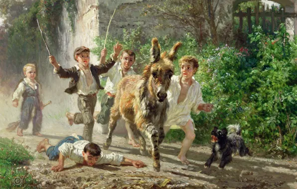 Picture dog, donkey, Filippo Palizzi, Street boys