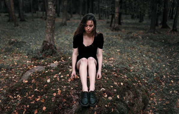 Picture forest, girl, stone, legs, Juliana Naidenova, Ksenia Chapkhaeva