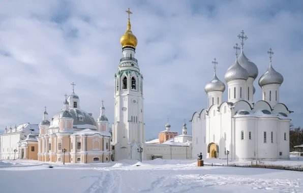 Picture winter, snow, the city, temple, The Kremlin, Vologda
