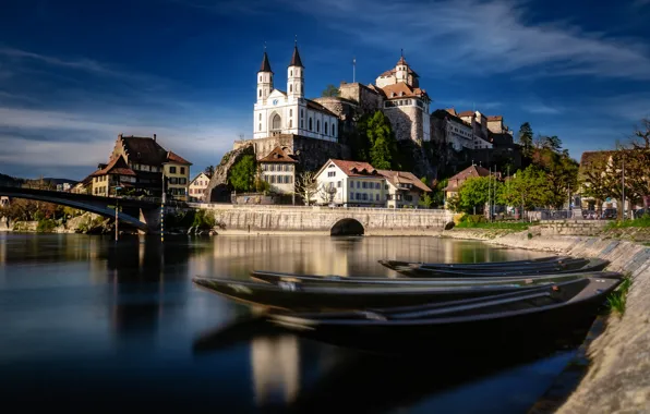 Picture river, castle, building, home, boats, Switzerland, Church, bridges, promenade, Switzerland, Aare River, Aarburg, Aare River, …