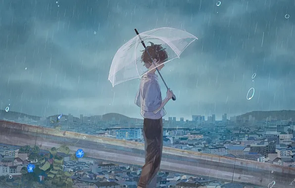 Picture the city, rain, umbrella, boy