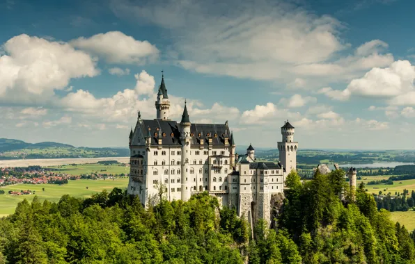 Picture forest, the sky, clouds, castle, view, height, Germany, Neuschwanstein
