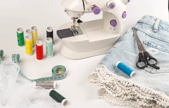 Picture thread, scissors, denim skirt, centimeter, sewing machine