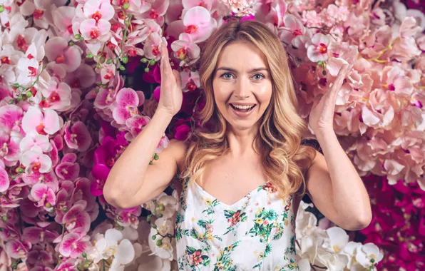 Picture look, girl, flowers, pose, portrait, hands, makeup, dress, hairstyle, blonde, smiling, happy