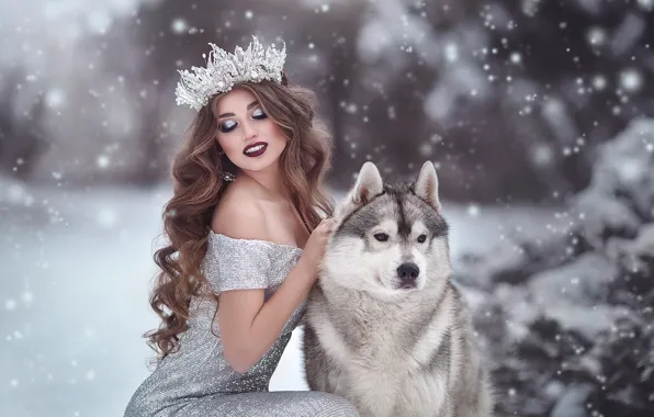 Picture girl, snow, pose, dog, crown, makeup, dress, neckline, long hair, curls, Malamute, Marina Zharinova