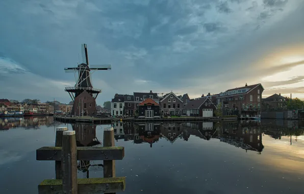 Picture photo, Home, The evening, The city, Mill, River, Netherlands, Haarlem