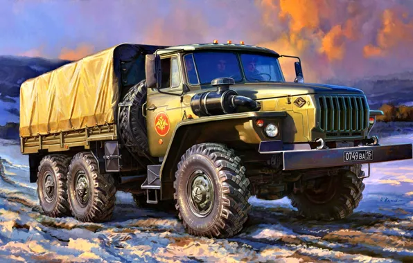 Picture winter, snow, four-wheel drive, side, terrain, Ural-4320, truck, USSR/Russia