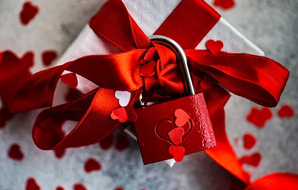 Picture castle, holiday, box, gift, tape, hearts, red, placer, bow, congratulations, bokeh, Valentine's Day, Valentine's day