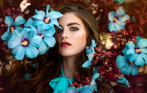 Picture summer, look, leaves, girl, flowers, branches, nature, face, pose, style, portrait, makeup, garden, blue, image, …