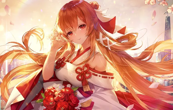 Picture look, girl, flowers, bouquet, red hair, long hair, Camellia, Yukata