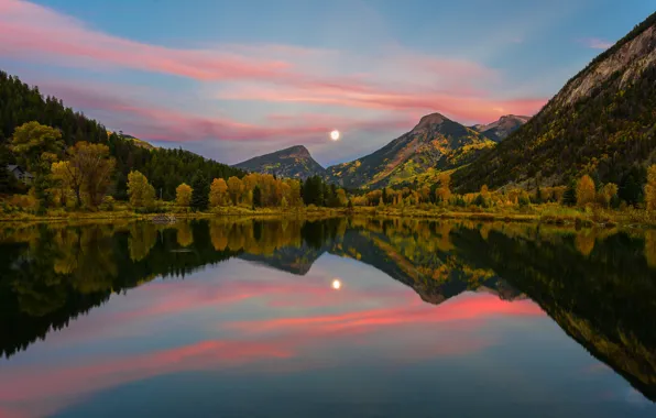 Picture autumn, forest, the sky, the sun, clouds, mountains, reflection, the evening, pond