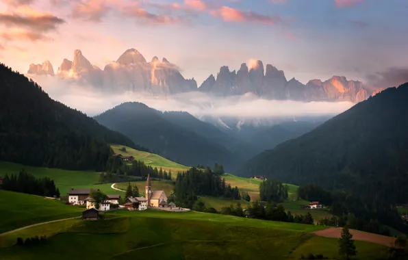 Picture mountains, fog, Alps, Church, houses, meadows, The Dolomites