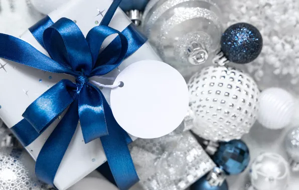Picture balls, decoration, blue, holiday, box, gift, Shine, Christmas, New year, white, bow, light background, blue, …