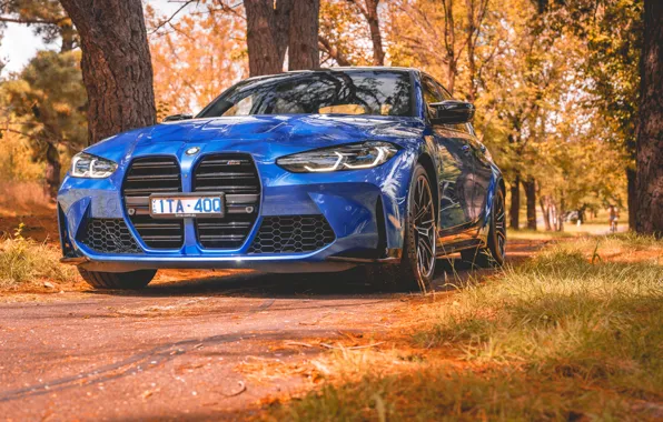 Picture BMW, Blue, Front, Autumn, BMW M3, Road, Forest, G80, 2022