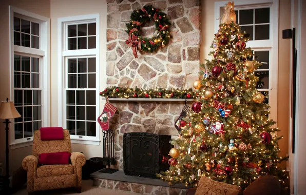 Picture decoration, house, balls, Windows, tree, New year, fireplace, garland, New Year