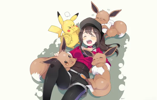 Picture shorts, creatures, girl, tail, white background, cap, fluffy, ears, Pokemon, Pokemon, closed eyes