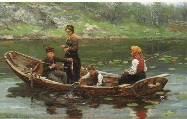 Picture children, lake, boat, fishing, EKENAES