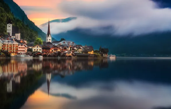 Picture clouds, mountains, the city, fog, lake, reflection, shore, building, Austria, houses, pond, Hallstatt, mirror, Hallstatt