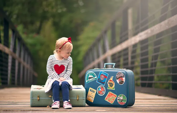 Picture girl, sitting, suitcases
