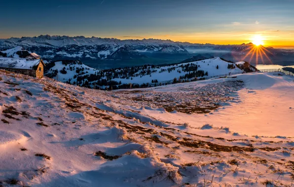 Picture the sun, snow, landscape, mountains, Switzerland, Switzerland