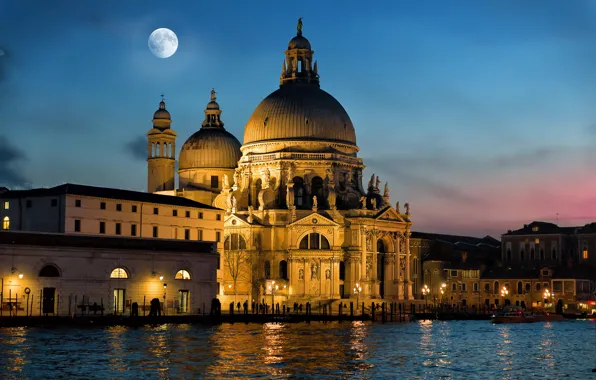 Picture night, the city, the moon, lighting, Italy, Venice, Cathedral, architecture, The Grand canal