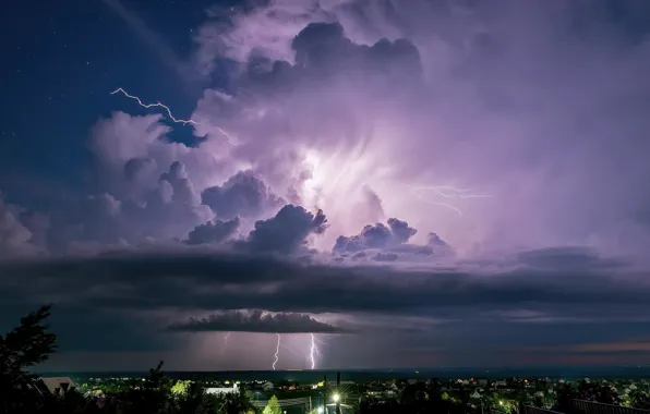 Picture city, lightning, night, clouds