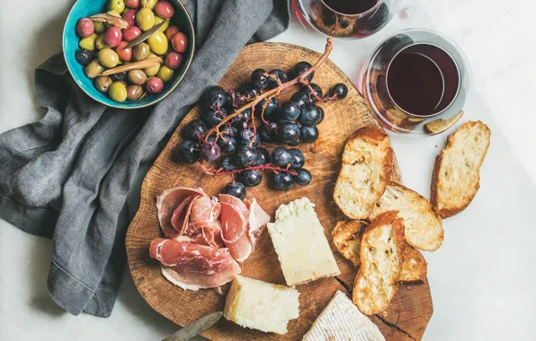 Picture wine, red, food, cheese, bread, grapes, appetizer, cutting Board