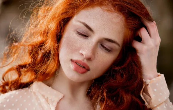 Picture model, pretty, redhead, closed eyes